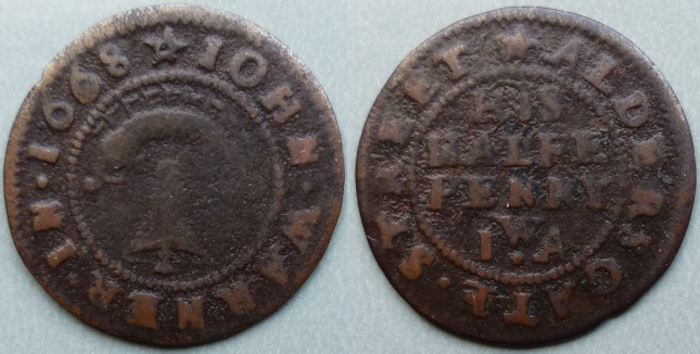 Aldersgate Street, John Warner 1668 halfpenny Aldersgate Street, John Warner 1668 halfpenny
